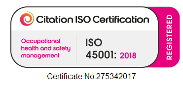 The ISO 45001:2018 occupational health and safety management certification badge, complete with registration details, is prominently displayed in the footer. This ensures that Gomo V1 complies with the highest industry standards for safety.