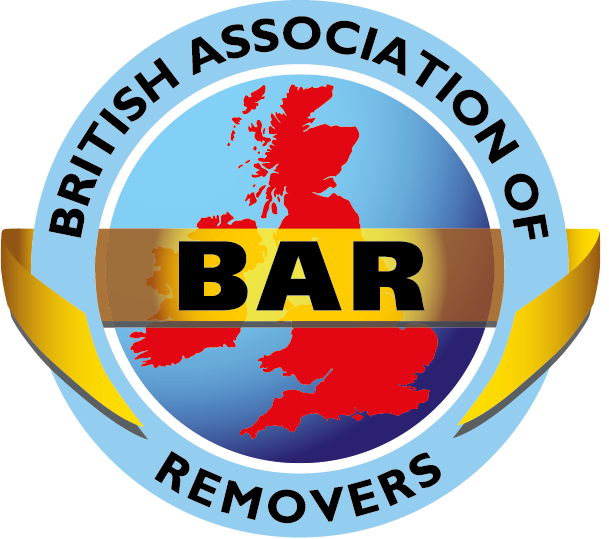 Logo of the British Association of Removers, featuring "BAR" on a ribbon across a map of the UK, encircled by the organization’s name.